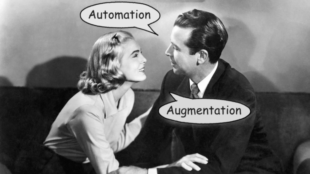 A still from an old movie showing a woman and a man arguing augmentation vs automation.