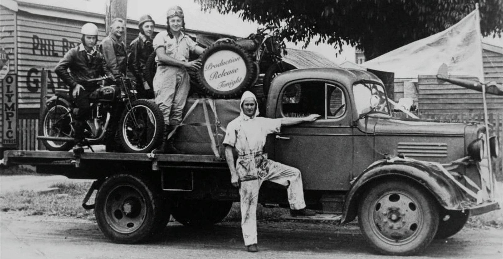 A picture of a motor cycle stunt crew, circa 1937.